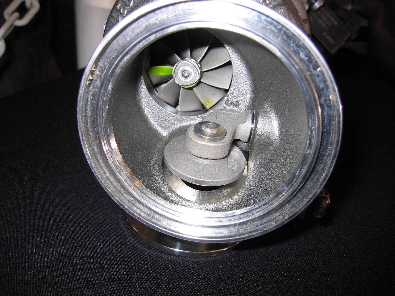 The inside of a turbocharger.