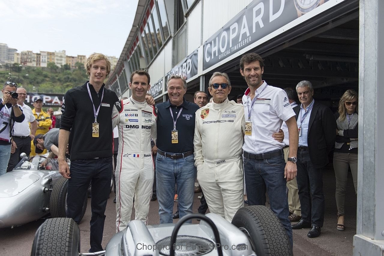 K-F Scheufele with Mark Webber, Brendon Hartley, Romain Dumas and Jacky Ickx