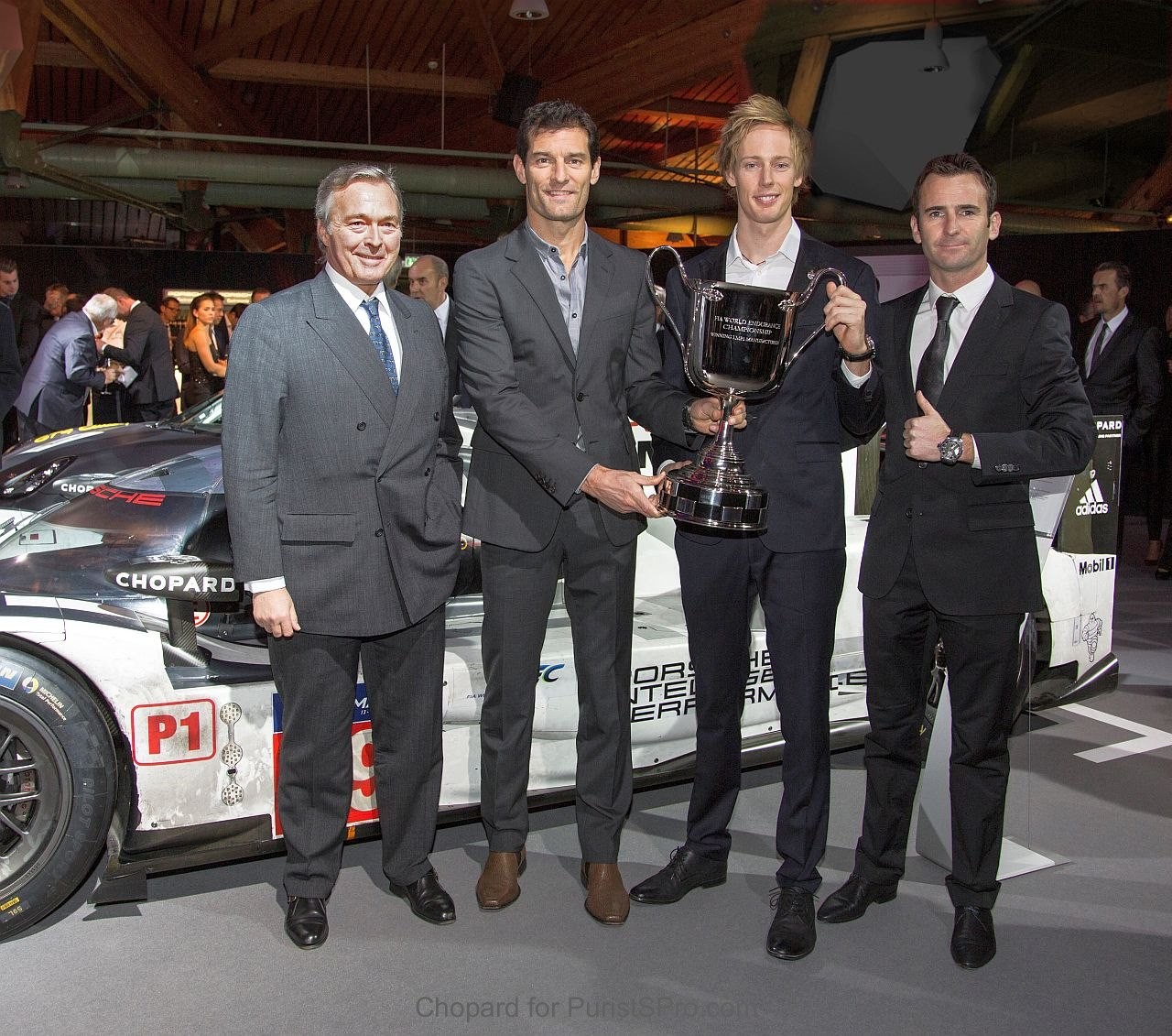 Karl-Friedrich Scheufele with the Chopard ambassadors Mark Webber (AUS), Brendon Hartley (NZ) and Romain Dumas (FRA)