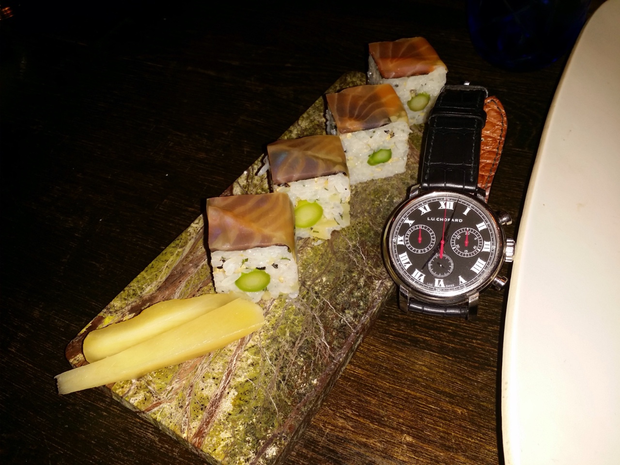 Osaka-style sushi and L.U.C 1963 Chrono stainless steel