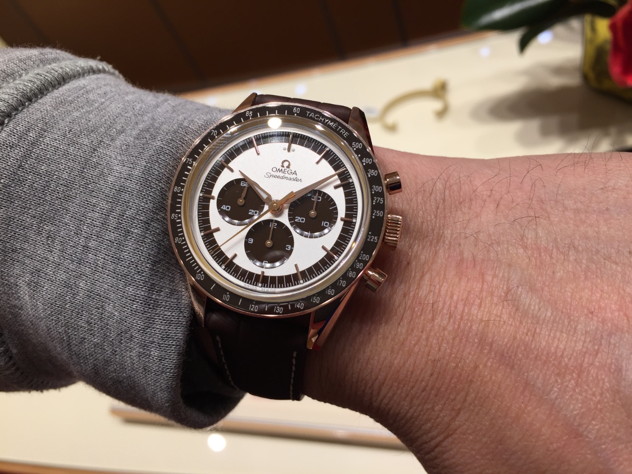 SpeedMaster in Sedna Gold and Panda style dial looks attractive.
