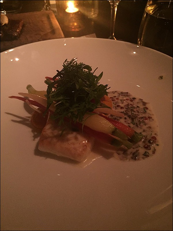 Braised halibut, pink peppercorn sauce, seaweed, chanterelles and carrot puree