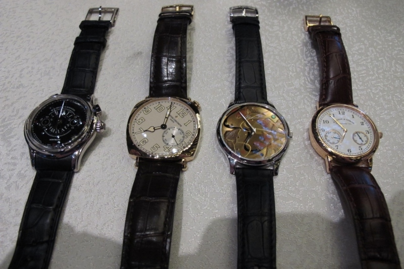 The first row: Montblanc (WG case and hands, YG dial with black enamel), VC (RG case and hands), Chopard (WG case and hands), Lange (RG case and hands)