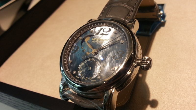 My favorite of the 3. The black MOP dial on this Montblanc Star Ladies Moonphase automatic is seductive and mysterious looking.
