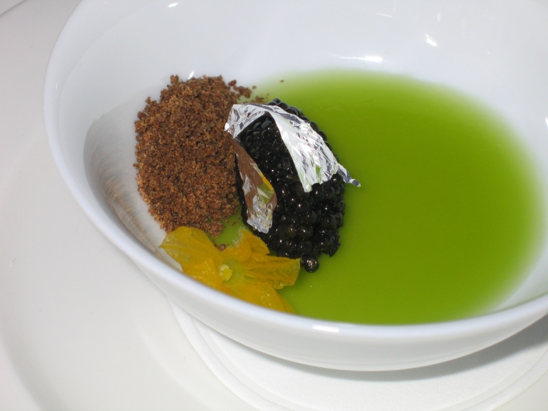 1st Course Silver and Platinum with yogurt-garden dill panna cotta, English cucumber glaze, Buckwheat, and California White Sturgeon Caviar
