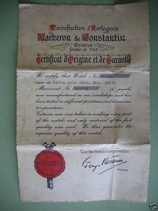Vintage Certificate of Origin issued with new watch